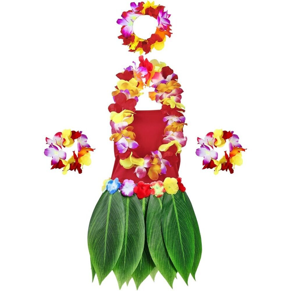 Hawaiian Woman Costume Set Hula Skirt Crop Top Leis Bracelets for Halloween